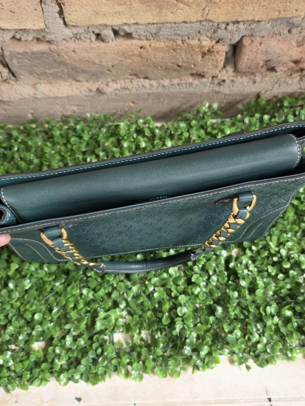 POWERLAND Forest Green Embossed Monogram Tote Bag Gold Chain Straps